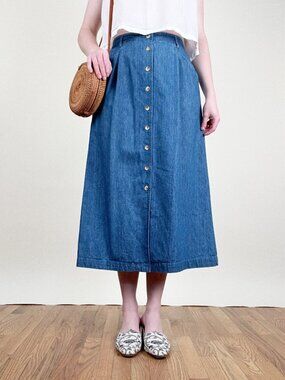Vintage 90s Button Front Denim Midi Maxi Skirt 100% Cotton Pleated Canada 1990s
